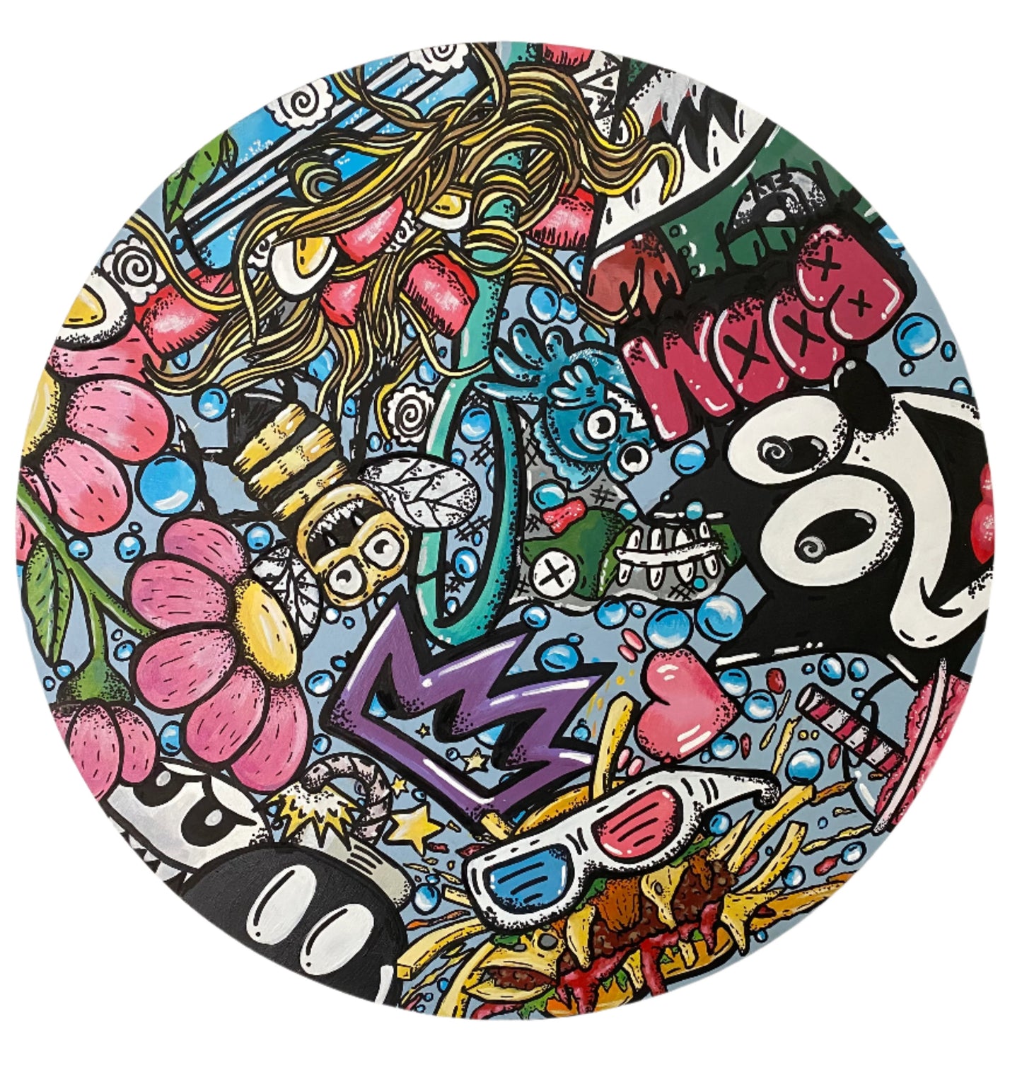 22" Round wooden canvas illustrative graffiti style of a number of things mashed up in full color hand painted and designed by Edmonton artist Carly Marie