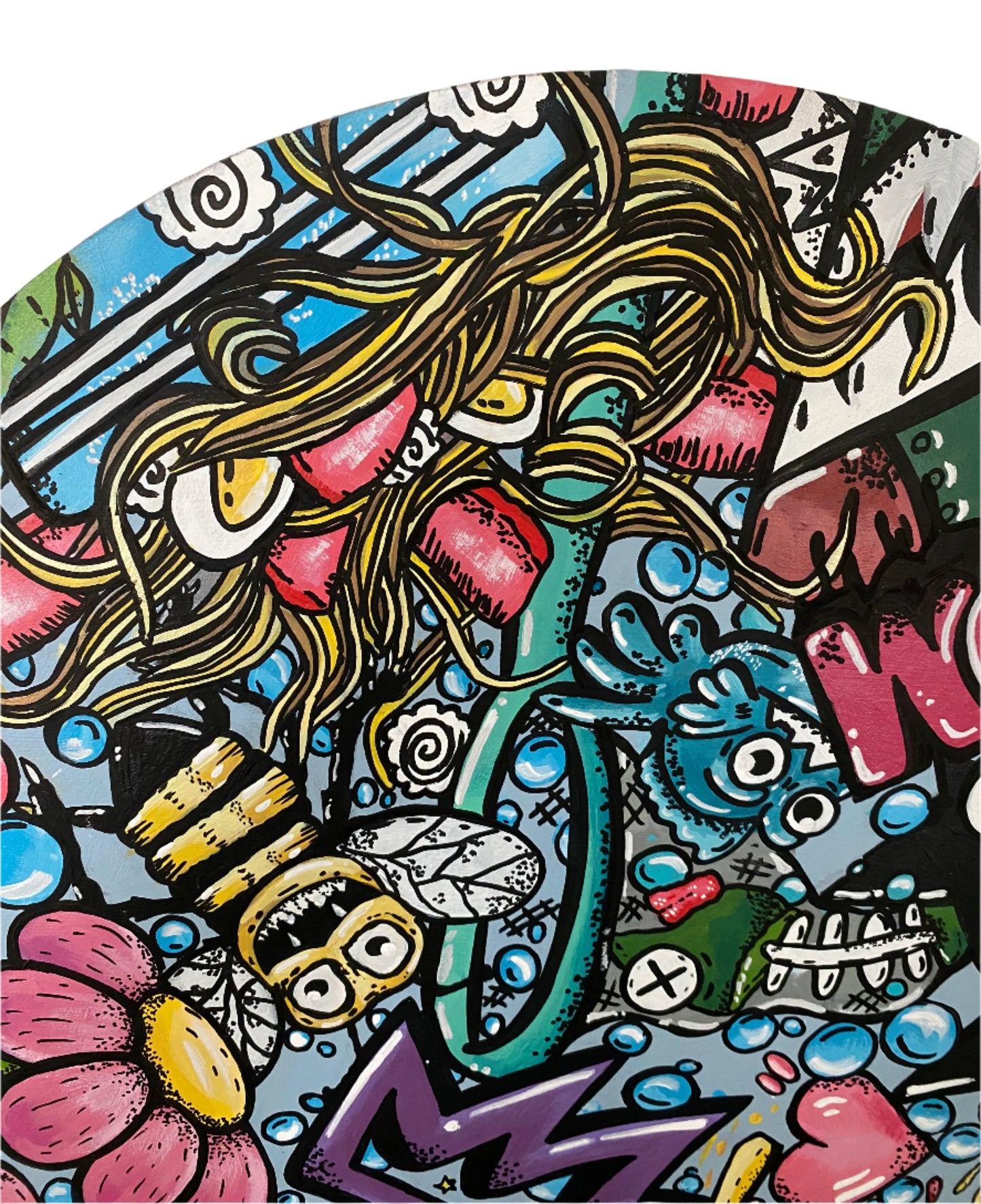 22" Round wooden canvas illustrative graffiti style of a number of things mashed up in full color hand painted and designed by Edmonton artist Carly Marie