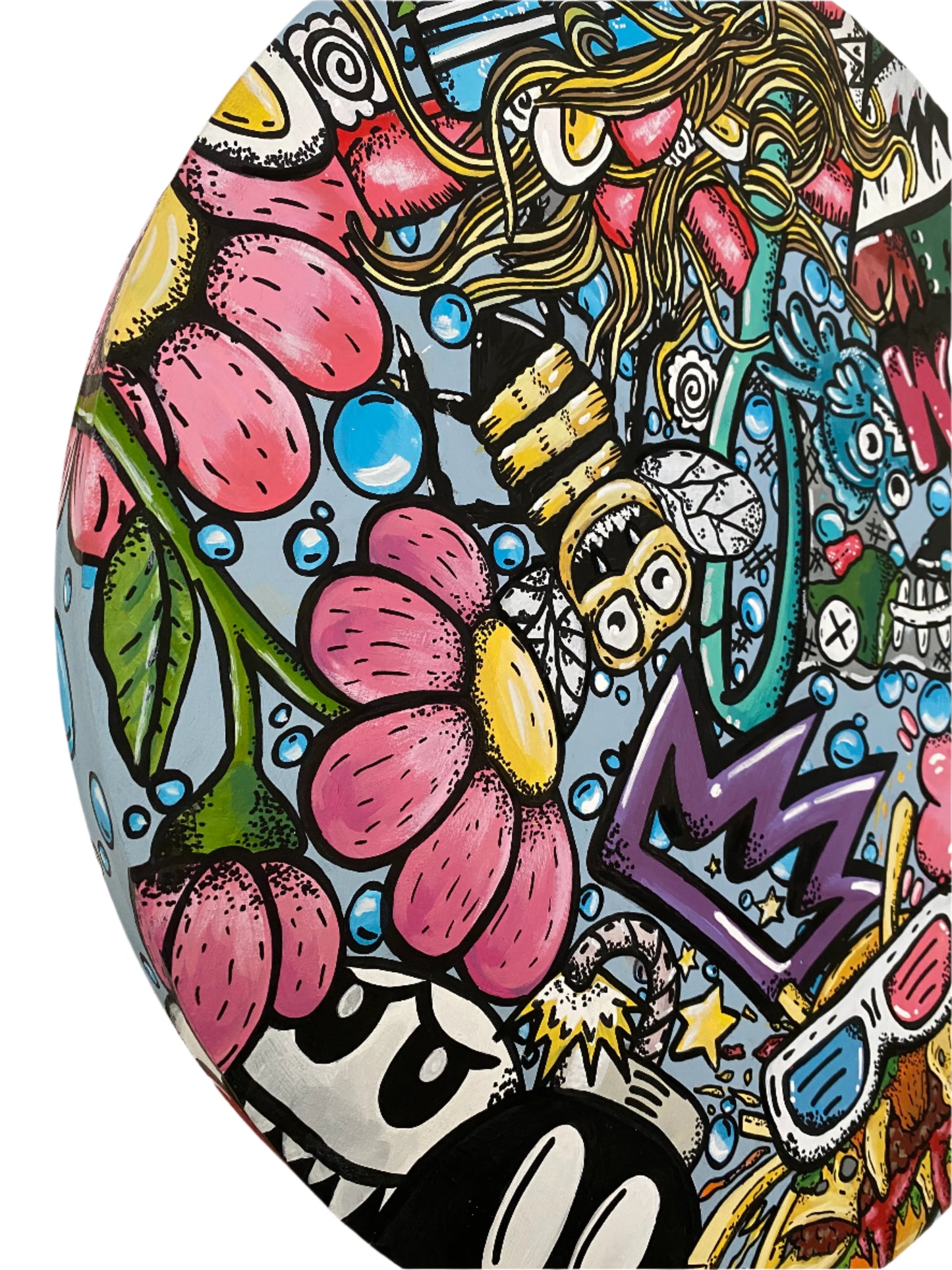 22" Round wooden canvas illustrative graffiti style of a number of things mashed up in full color hand painted and designed by Edmonton artist Carly Marie