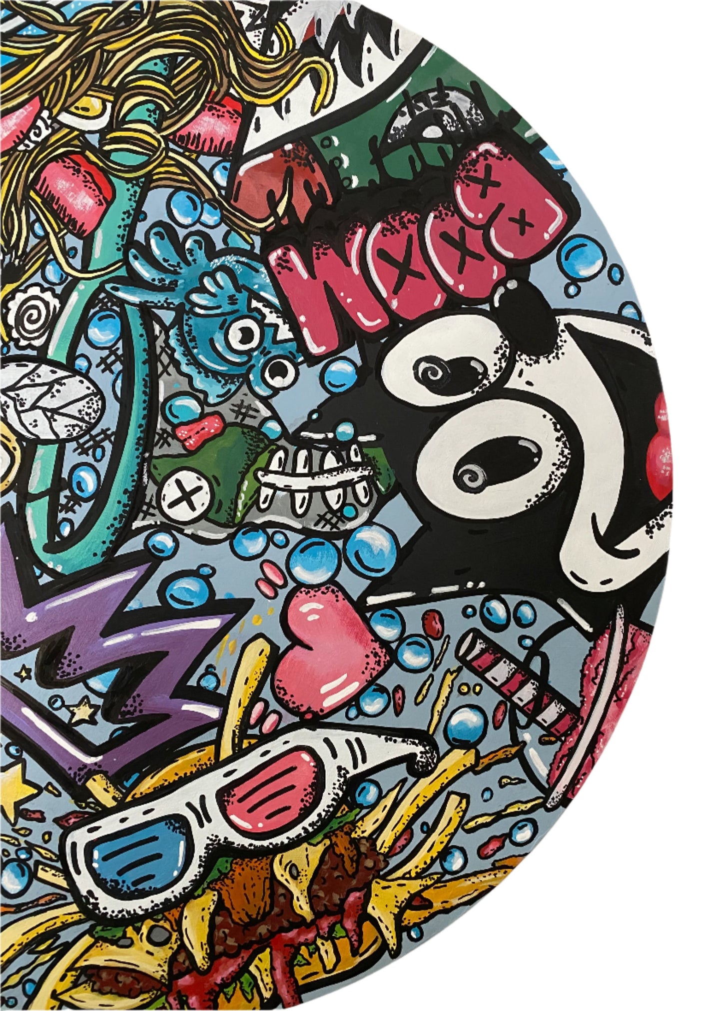22" Round wooden canvas illustrative graffiti style of a number of things mashed up in full color hand painted and designed by Edmonton artist Carly Marie