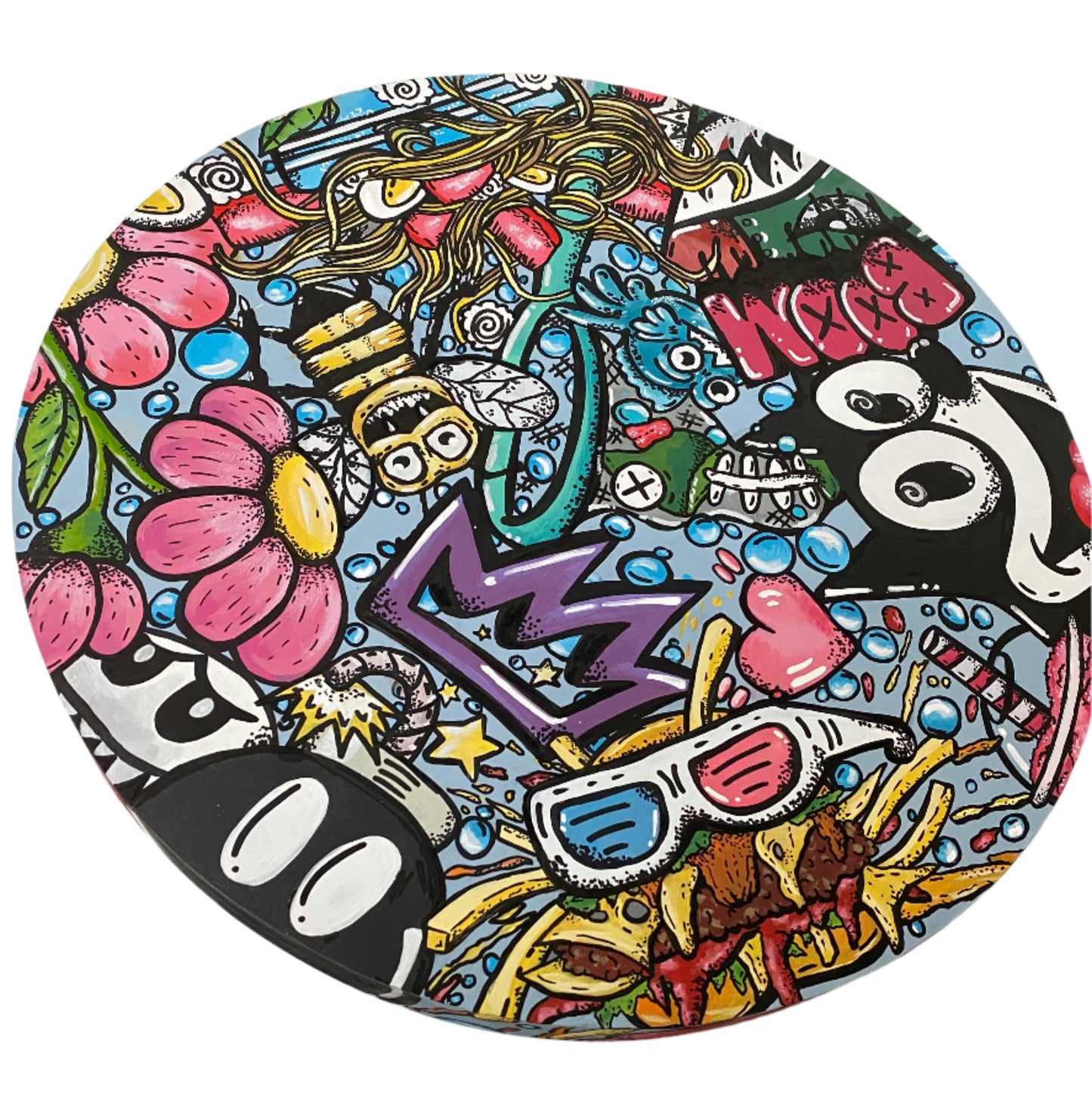22" Round wooden canvas illustrative graffiti style of a number of things mashed up in full color hand painted and designed by Edmonton artist Carly Marie