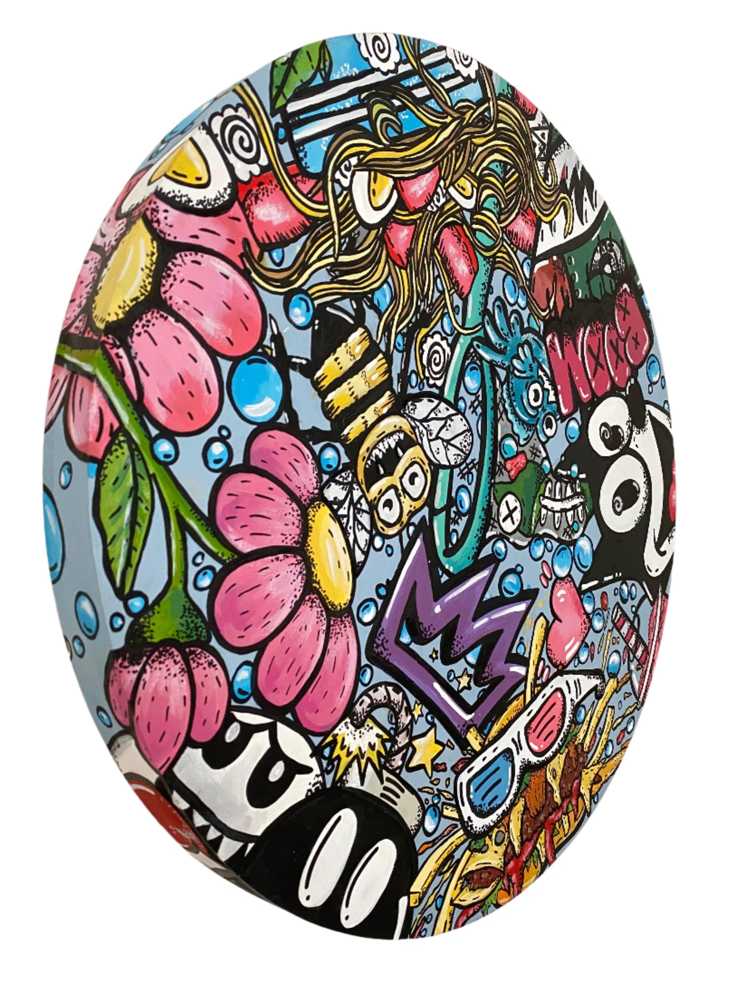 22" Round wooden canvas illustrative graffiti style of a number of things mashed up in full color hand painted and designed by Edmonton artist Carly Marie
