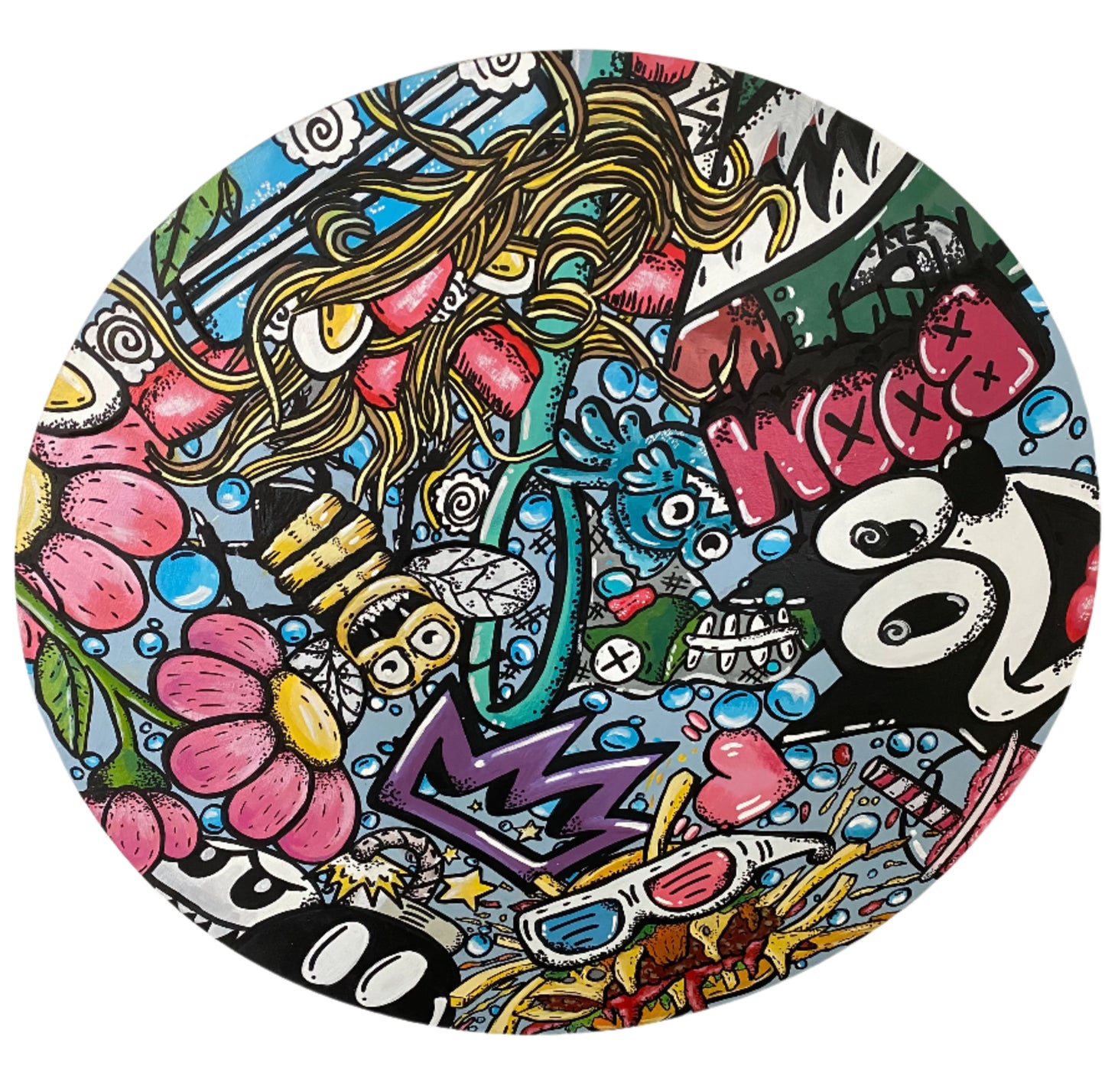 22" Round wooden canvas illustrative graffiti style of a number of things mashed up in full color hand painted and designed by Edmonton artist Carly Marie
