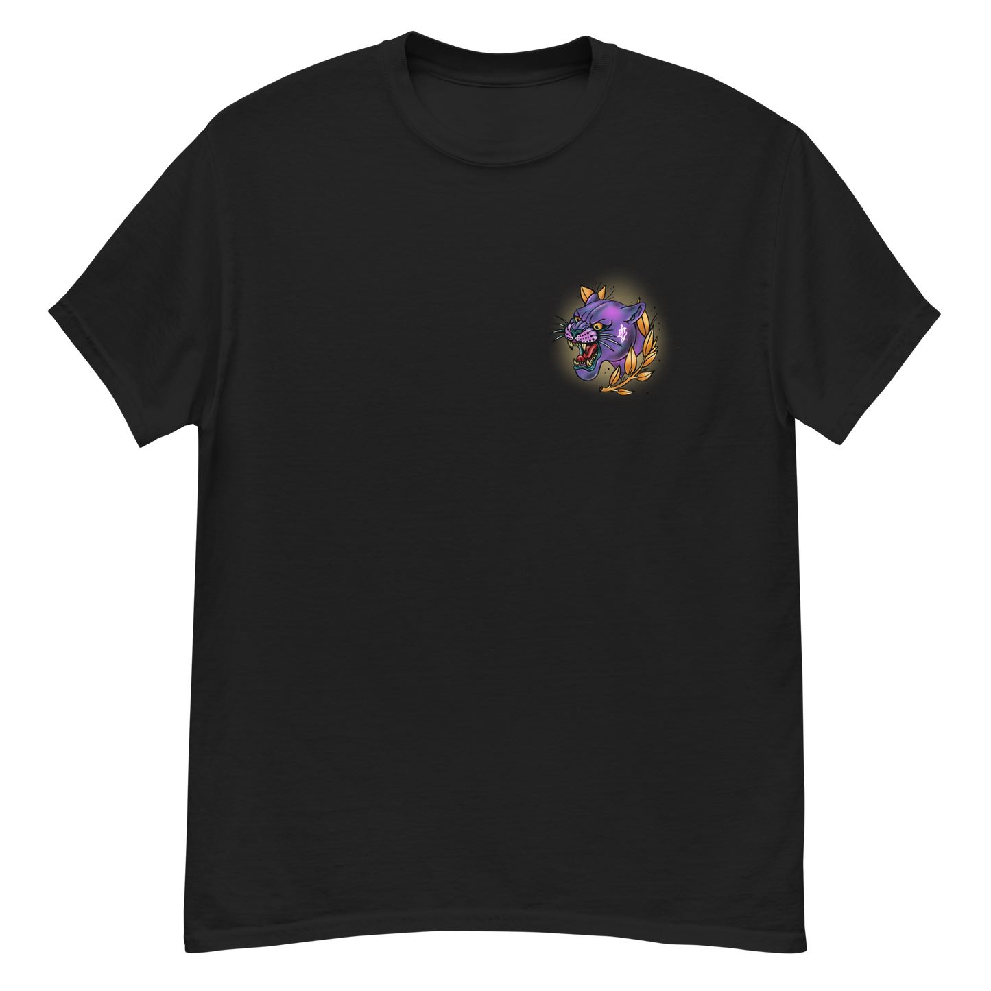 Black t-shirt with a left chest graphic of a snarling purple panther surrounded by gold laurel leaves; original artwork by Carly Marie Edmonton, AB artist