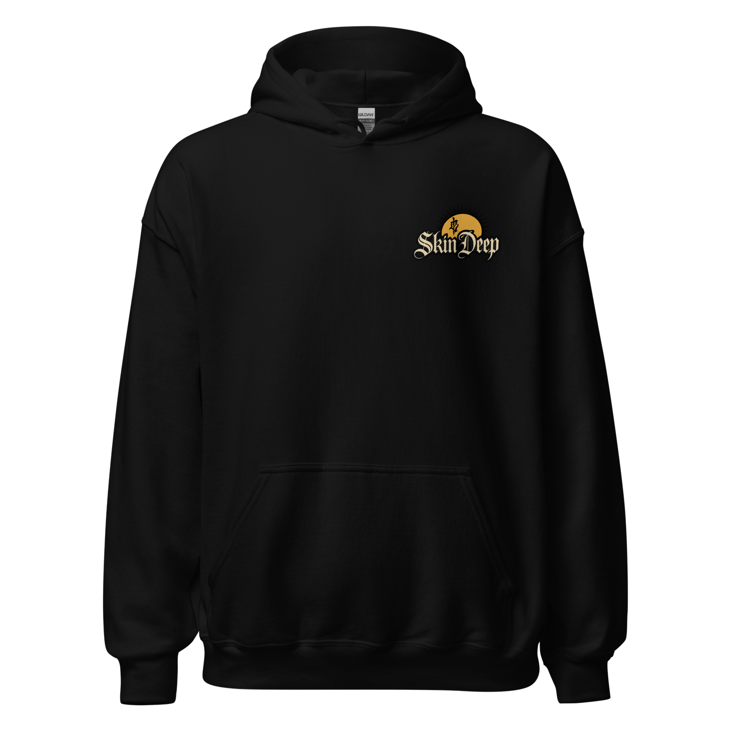 Black hoodie with 'Skin Deep' logo on a white background