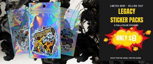 Holographic sticker packs with a promotional banner for 'Legacy Sticker Packs' on a black and white background.