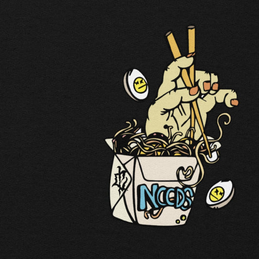 Grafitti style illustration of hand in noodle box with eggs flying and the words Noods on the box by Edmonton artist Carly Marie