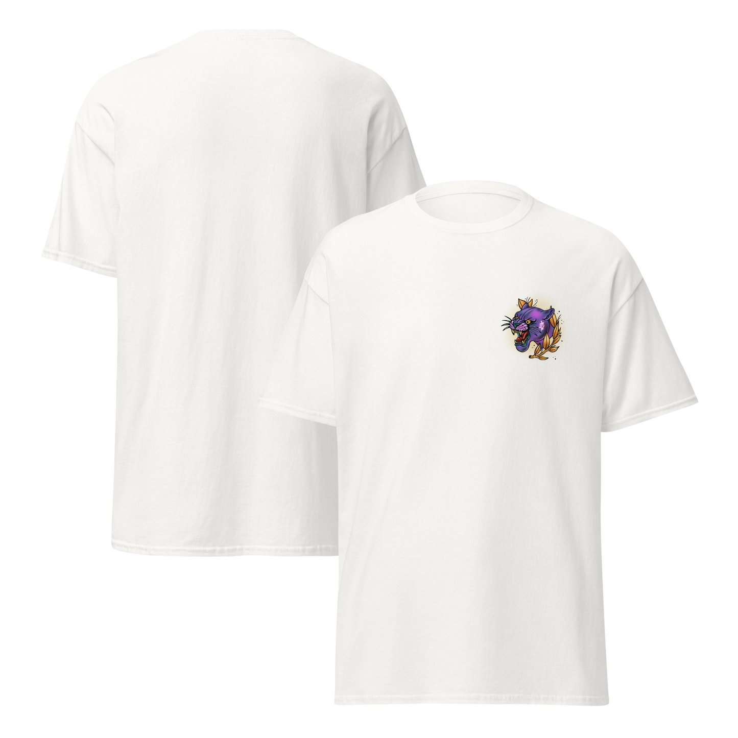 White t-shirt with a left chest graphic of a snarling purple panther surrounded by gold laurel leaves; original artwork by Carly Marie Edmonton, AB artist