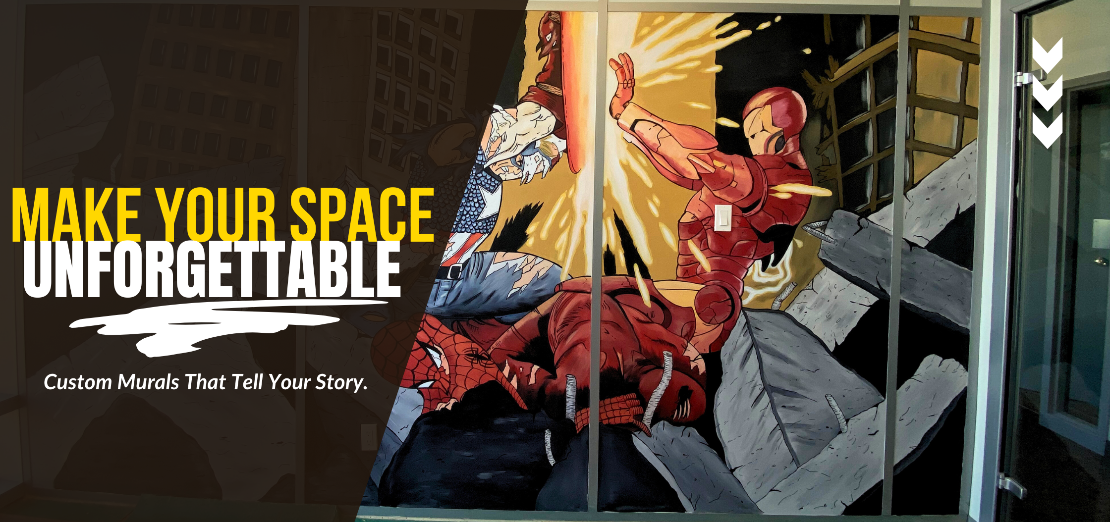 Mural of a superhero and villain on a wall with promotional text for custom murals.