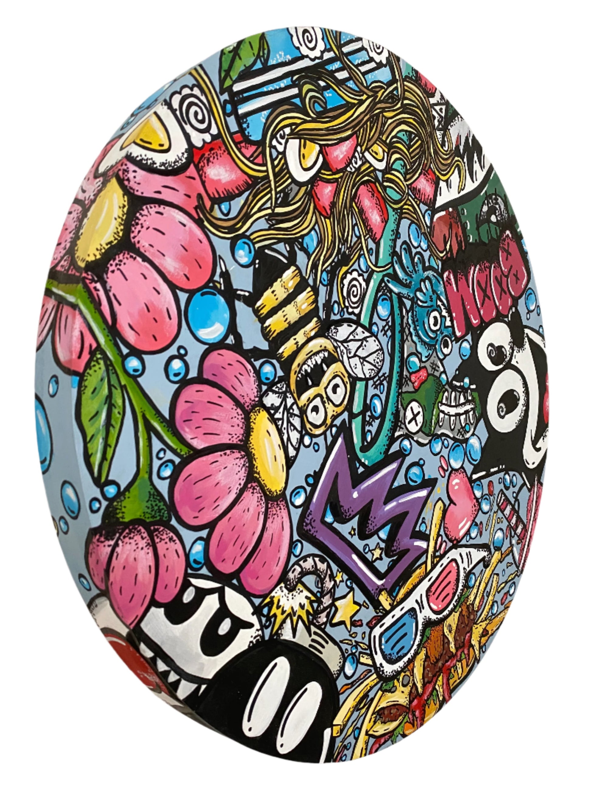 22" Round wooden canvas illustrative graffiti style of a number of things mashed up in full color hand painted and designed by Edmonton artist Carly Marie
