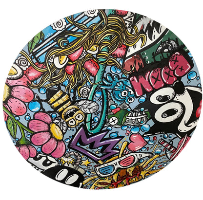 22" Round wooden canvas illustrative graffiti style of a number of things mashed up in full color hand painted and designed by Edmonton artist Carly Marie
