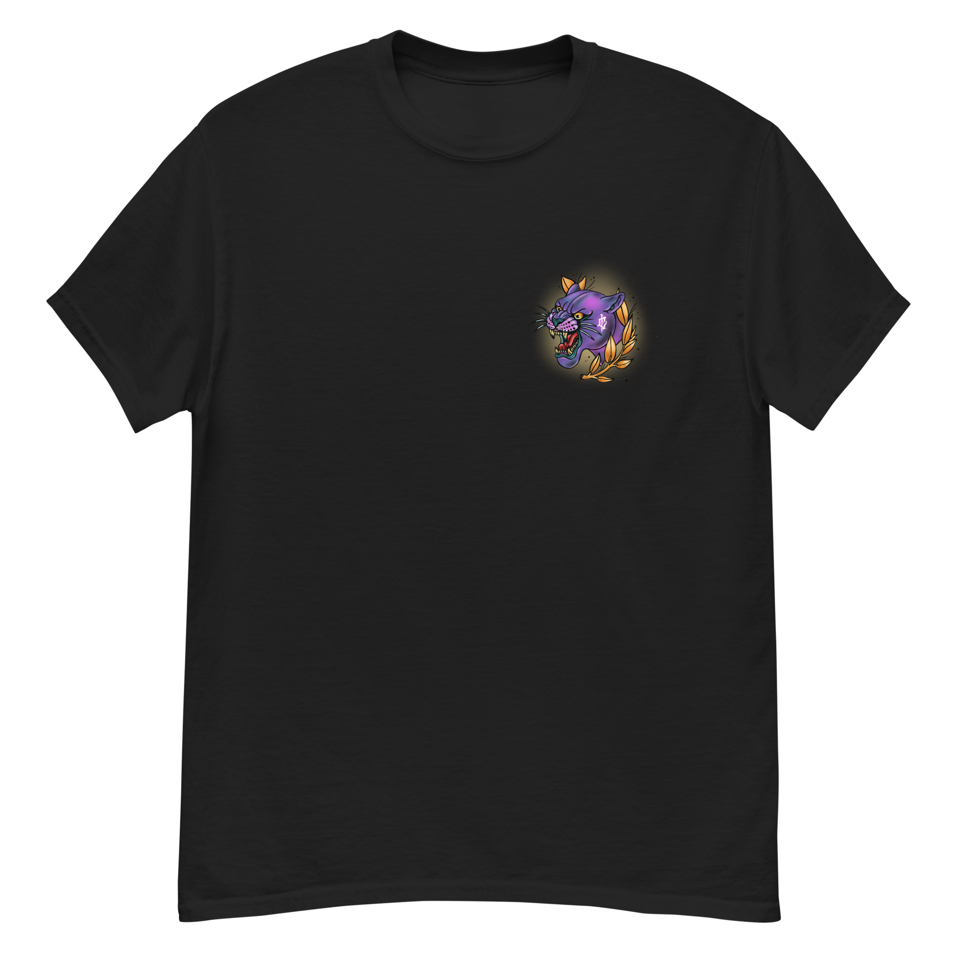 Black t-shirt with a left chest graphic of a snarling purple panther surrounded by gold laurel leaves; original artwork by Carly Marie Edmonton, AB artist