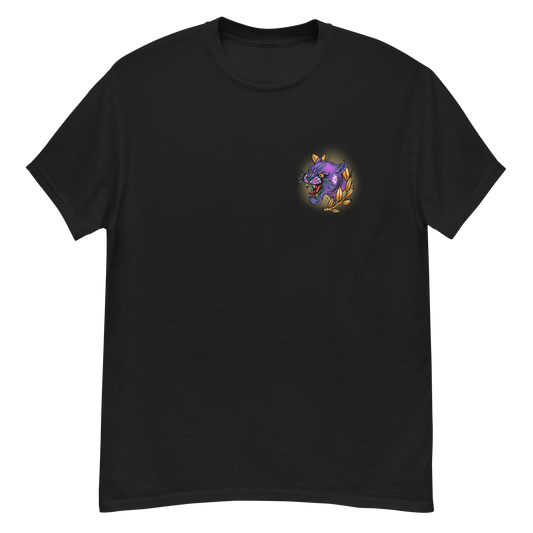 Black t-shirt with a left chest graphic of a snarling purple panther surrounded by gold laurel leaves; original artwork by Carly Marie Edmonton, AB artist