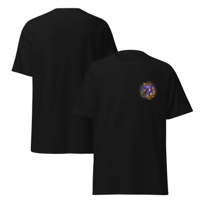 Black t-shirt with a left chest graphic of a snarling purple panther surrounded by gold laurel leaves; original artwork by Carly Marie Edmonton, AB artist