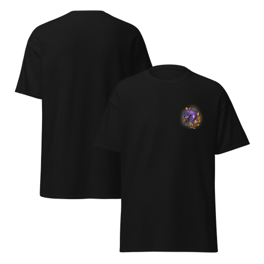 Black t-shirt with a left chest graphic of a snarling purple panther surrounded by gold laurel leaves; original artwork by Carly Marie Edmonton, AB artist