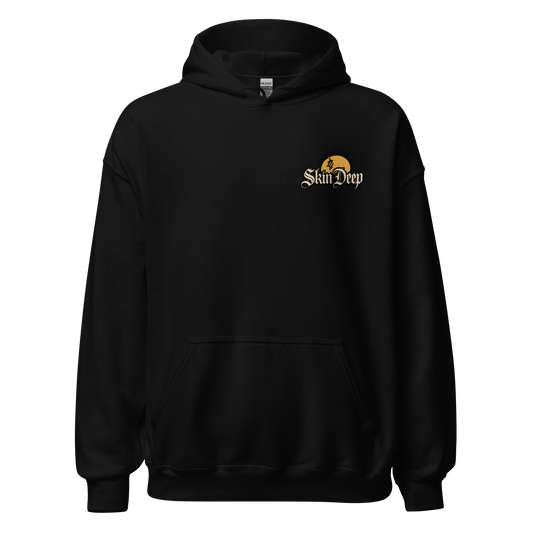 Black hoodie with 'Skin Deep' logo on a white background