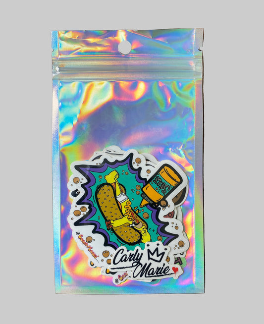 Holographic sticker with cartoon character on a wooden surface