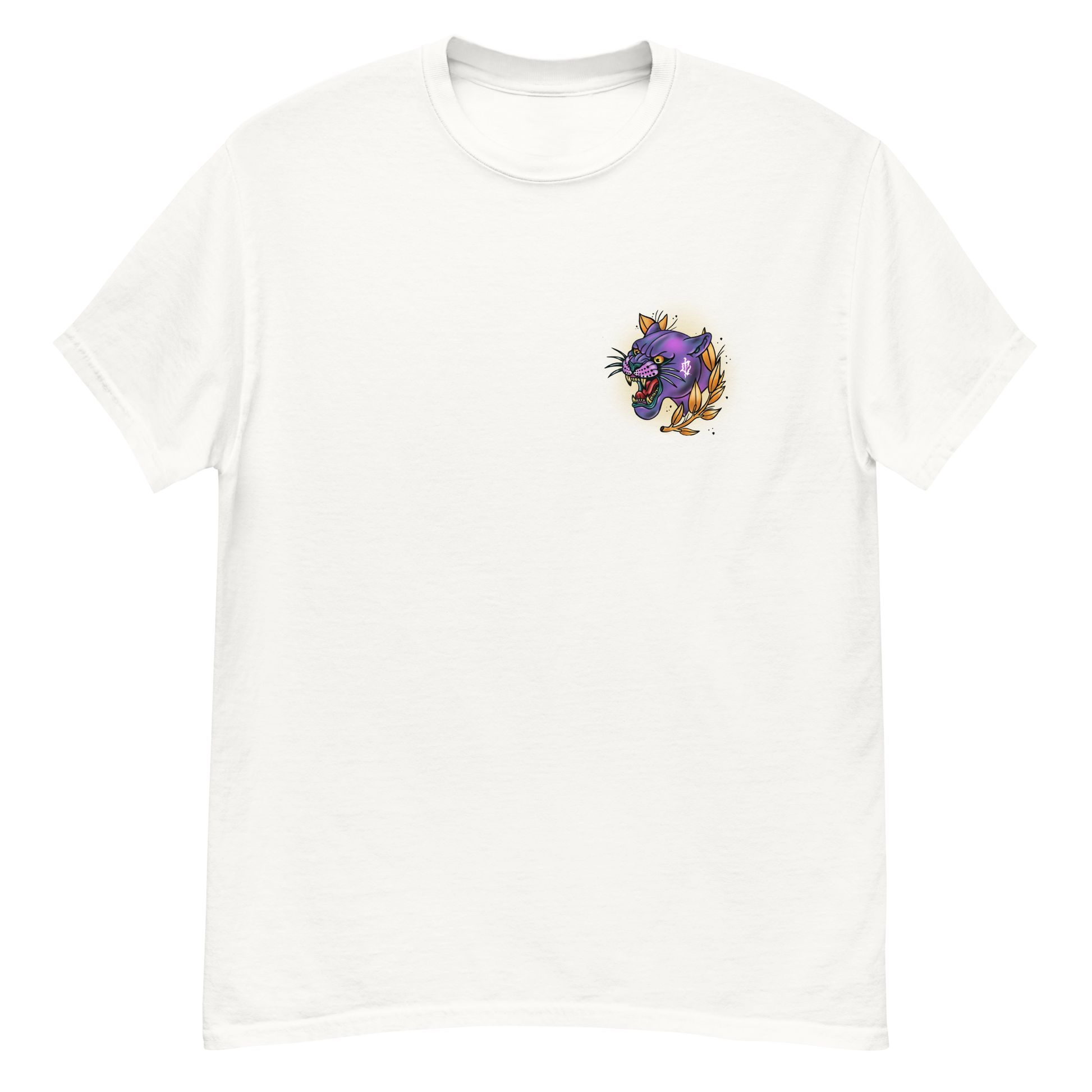 White t-shirt with a left chest graphic of a snarling purple panther surrounded by gold laurel leaves; original artwork by Carly Marie Edmonton, AB artist