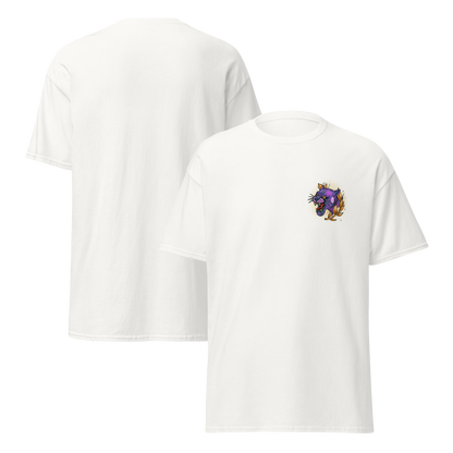 White t-shirt with a left chest graphic of a snarling purple panther surrounded by gold laurel leaves; original artwork by Carly Marie Edmonton, AB artist